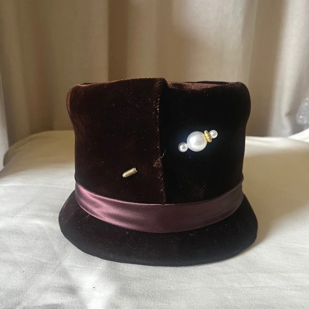 Vintage 1960s Brown Velvet Pillbox Hat Pearl Stick Pin Cocktail Hat Small